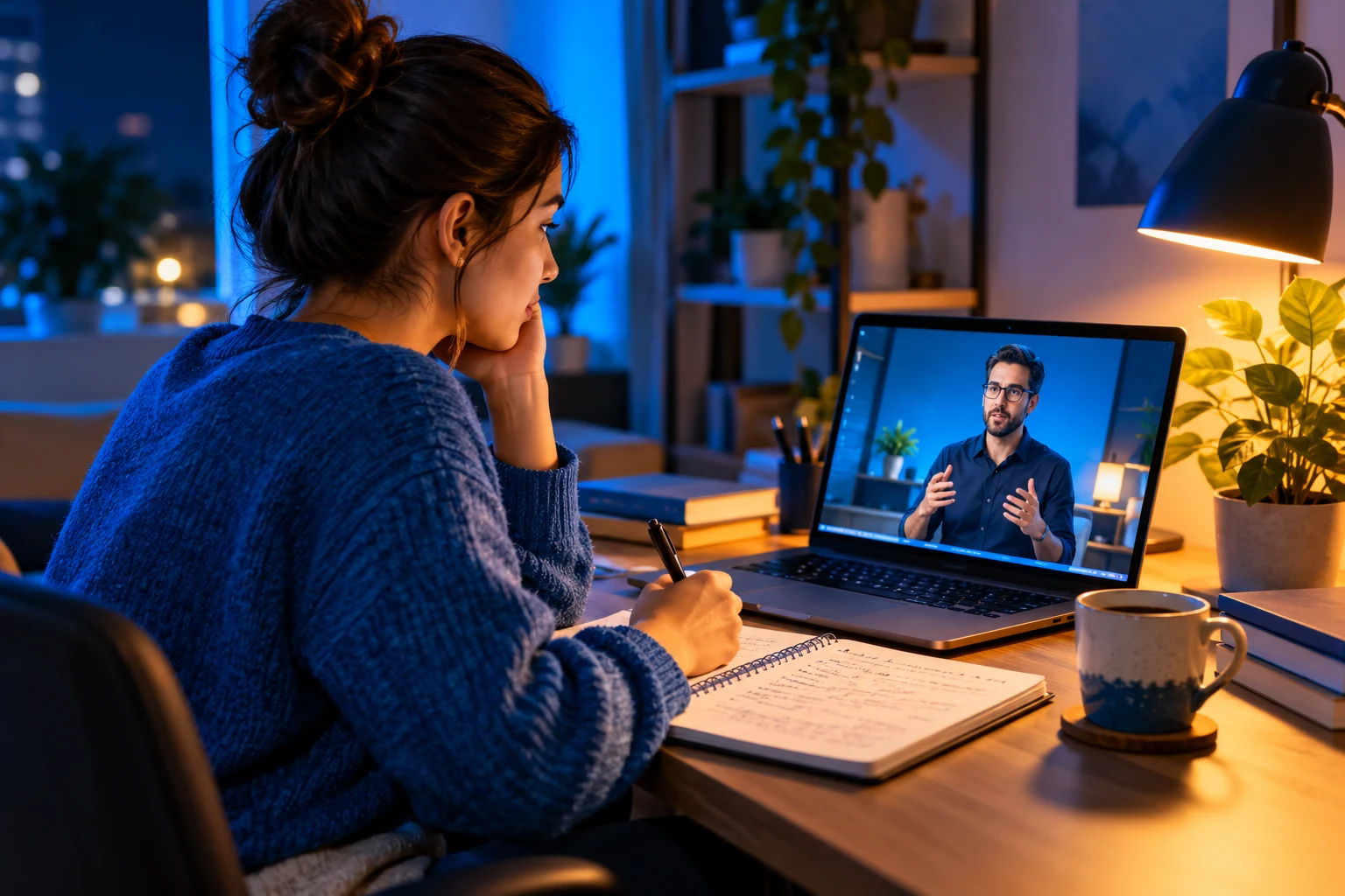 Pessoa assistindo a uma aula ao vivo no notebook à noite, com o caderno aberto.