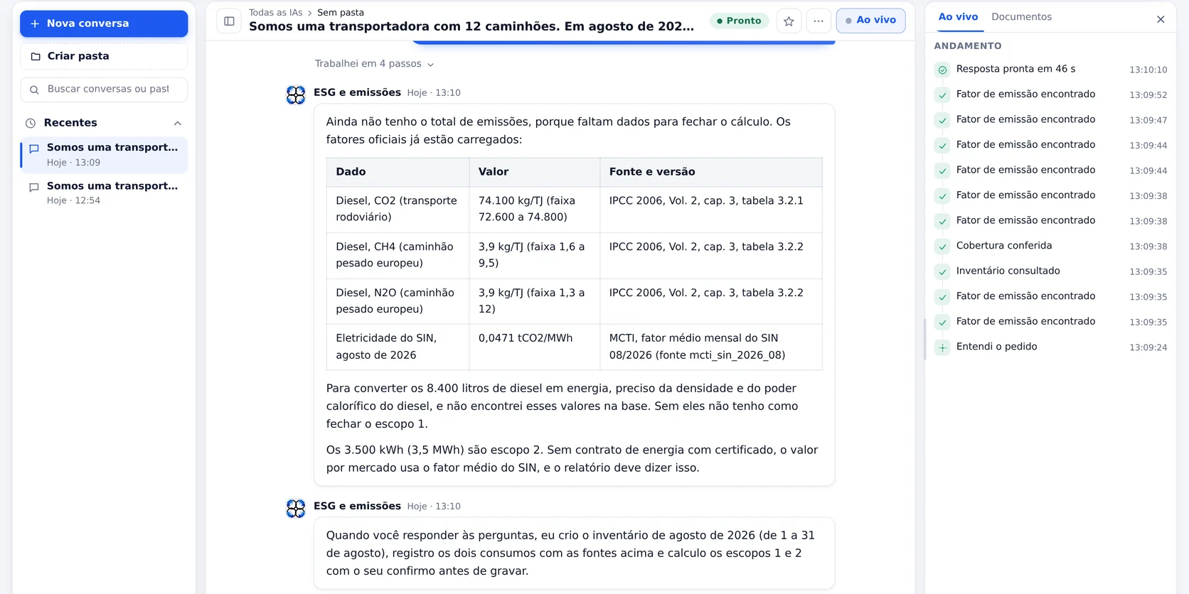 Conversa real no app Wortic: a IA de ESG mostra os fatores de emissão do diesel e da energia com a fonte e a versão de cada um.
