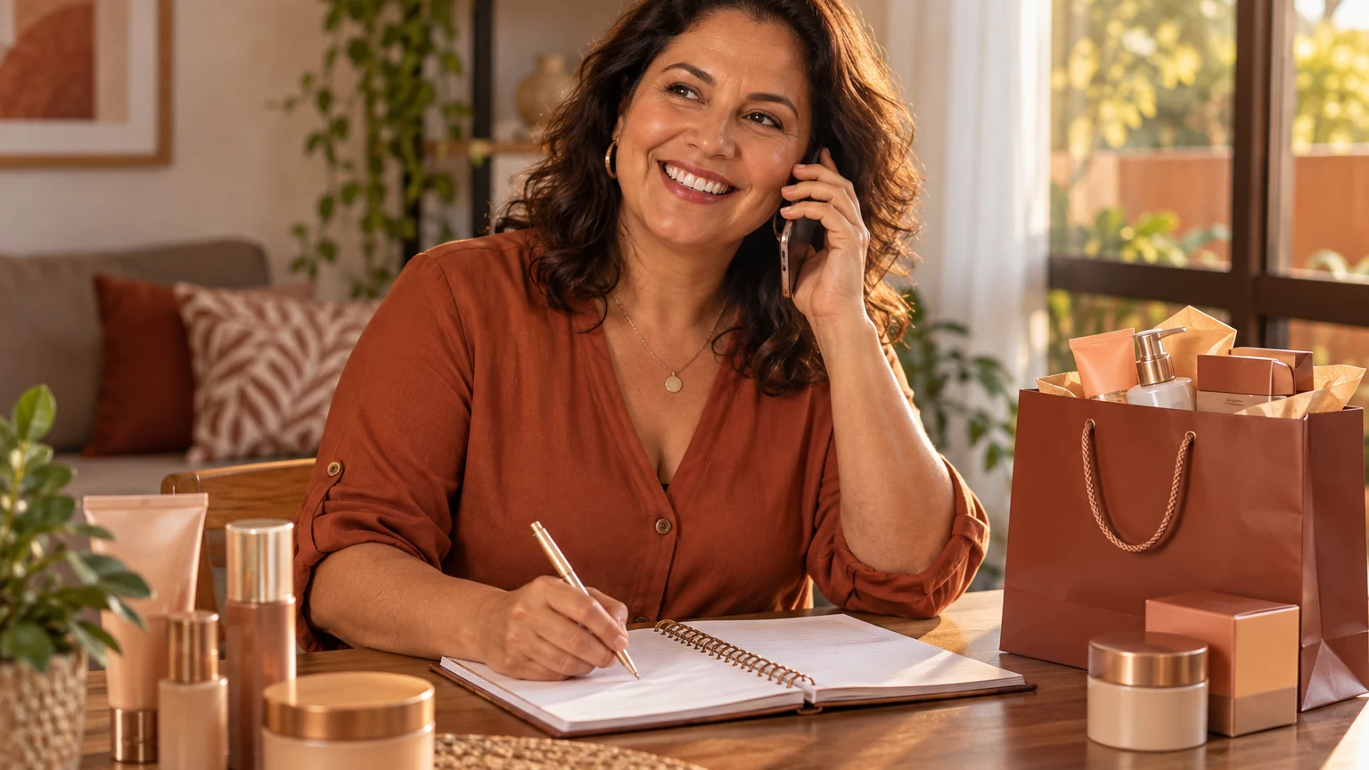 Revendedora de cosméticos sorrindo ao telefone, sentada à mesa de casa com um caderno de pedidos e uma sacola de produtos.