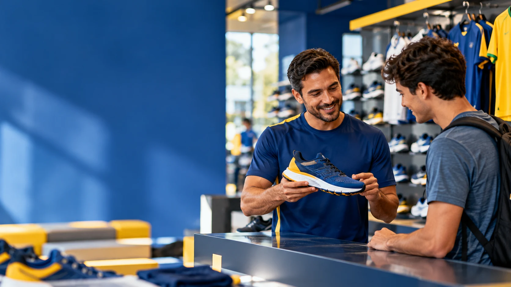 Vendedor de loja esportiva mostra um tênis de corrida a um cliente no balcão, com prateleiras de calçados e camisas de time ao fundo.