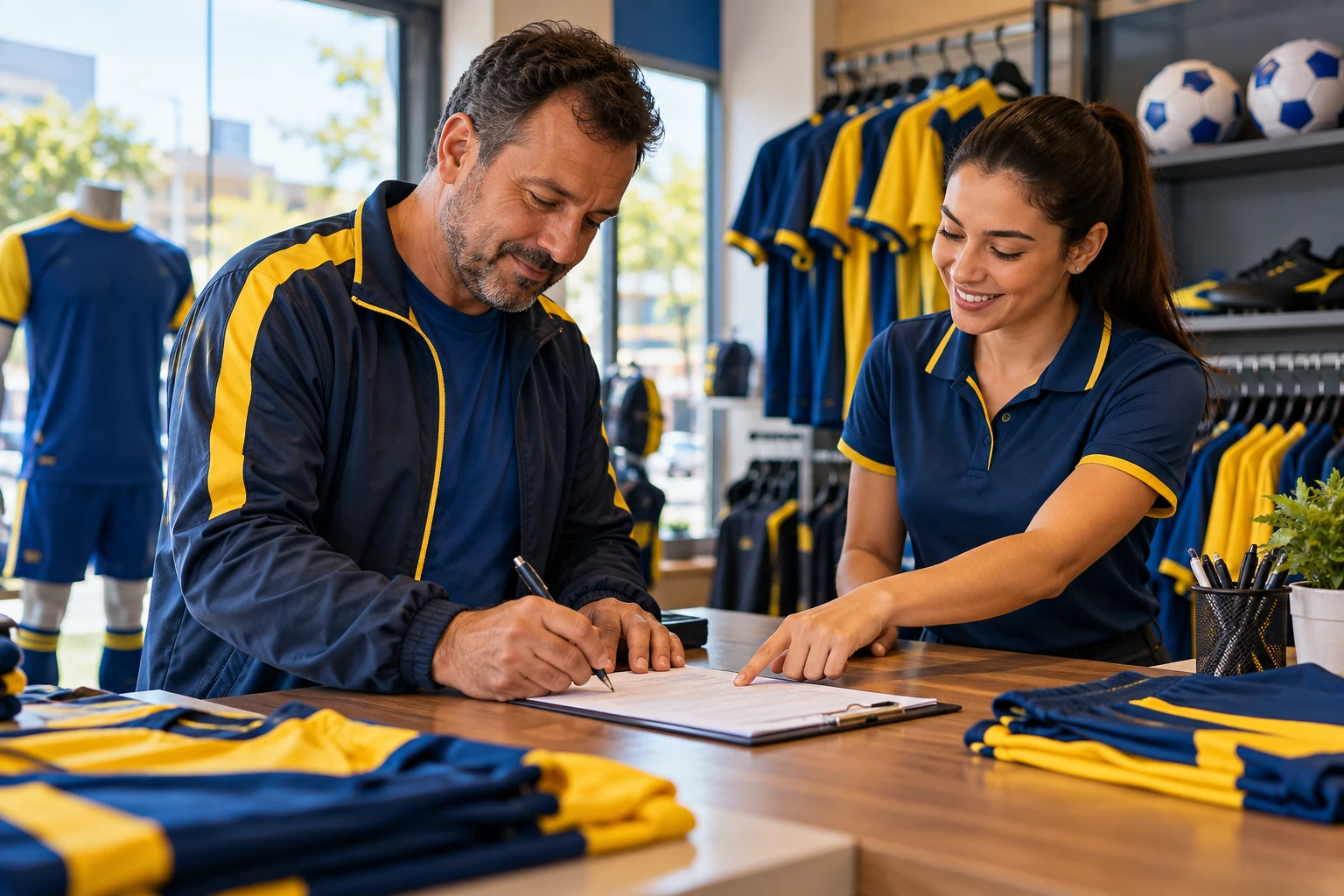 Dirigente de clube esportivo assina um pedido de uniforme no balcão, enquanto a vendedora mostra o valor do sinal num papel.