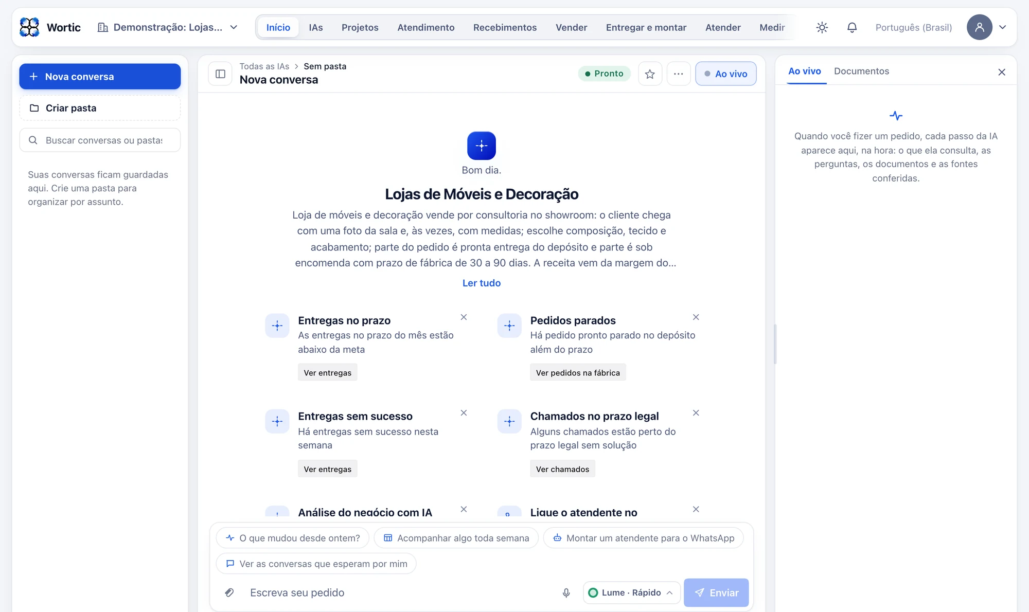 O sistema da loja de móveis aberto no computador: entregas no prazo abaixo da meta, pedido pronto parado no depósito, entregas sem sucesso e chamados perto do prazo legal.