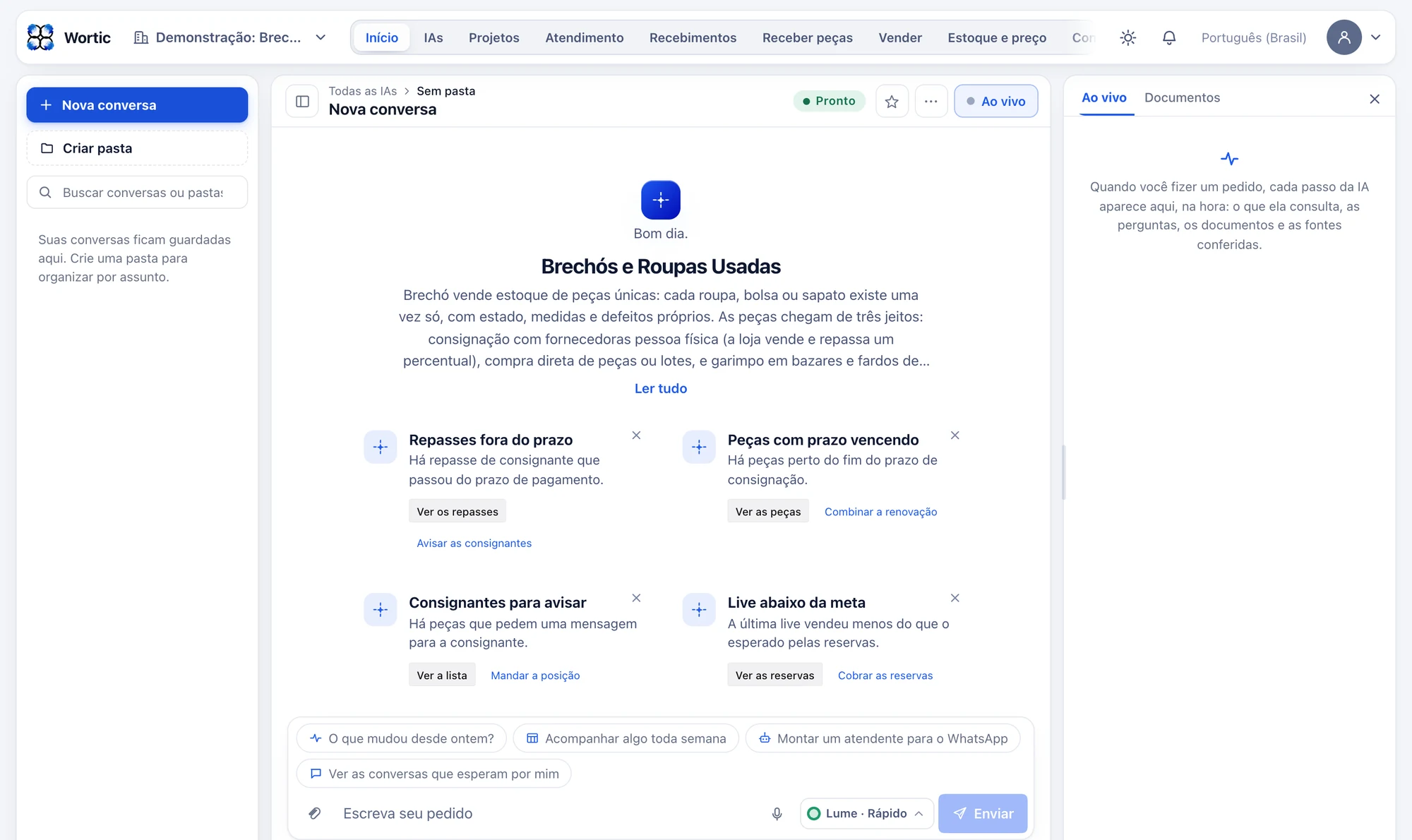 O sistema do brechó aberto no computador: repasses de consignante fora do prazo, peças perto do fim da consignação, consignantes para avisar e live que vendeu abaixo da meta.