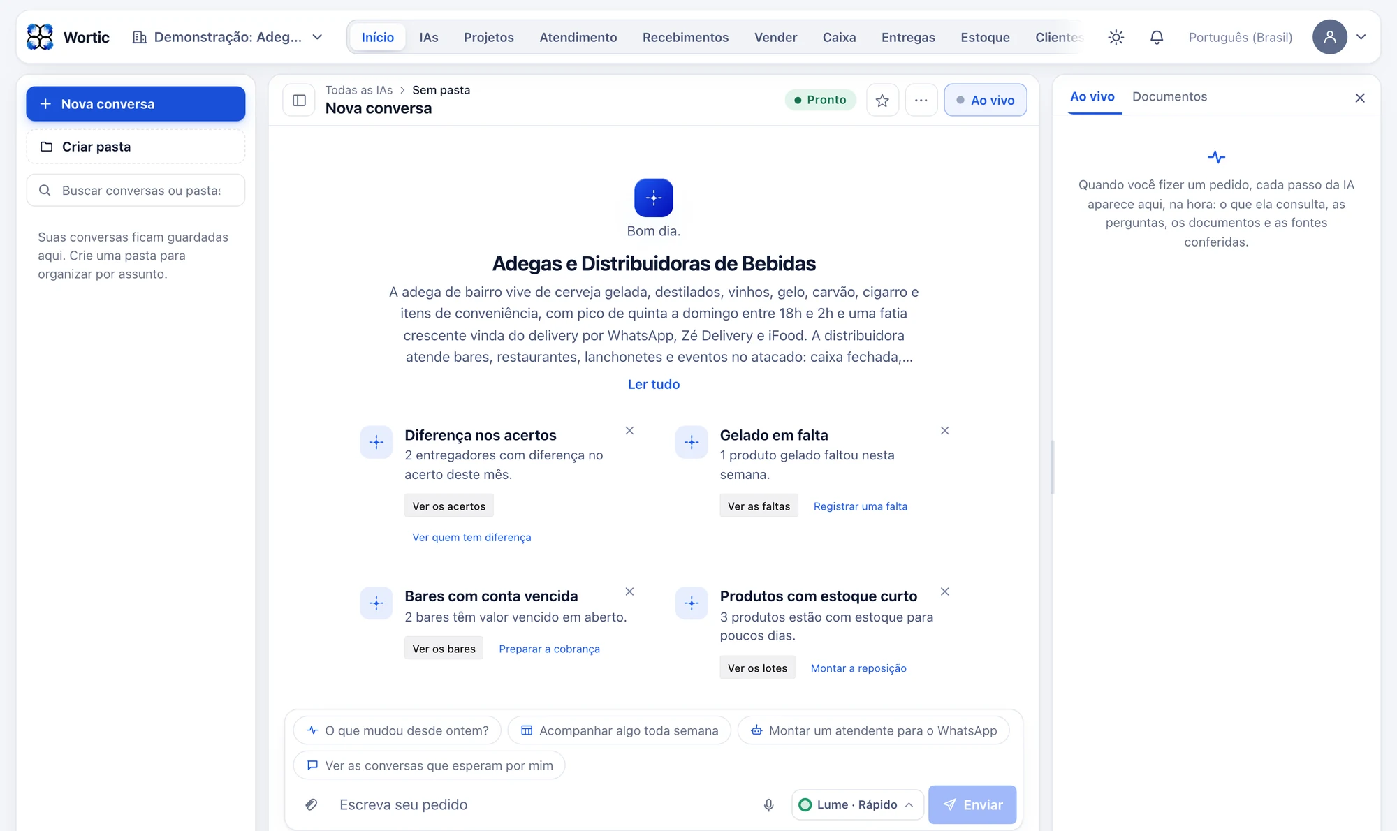 O sistema da adega aberto no computador: entregadores com diferença no acerto, produto gelado em falta, bares com conta vencida e produtos com estoque curto.