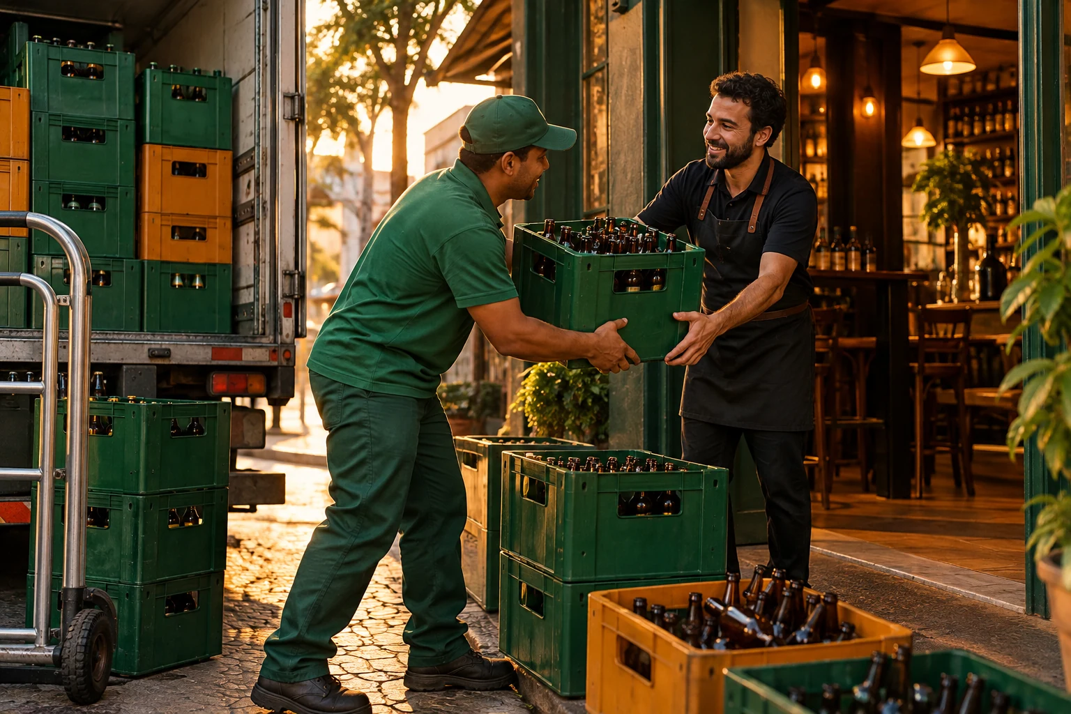 Entregador descarregando engradados de cerveja na porta de um bar, com um caixa de cascos vazios sobre o chão.