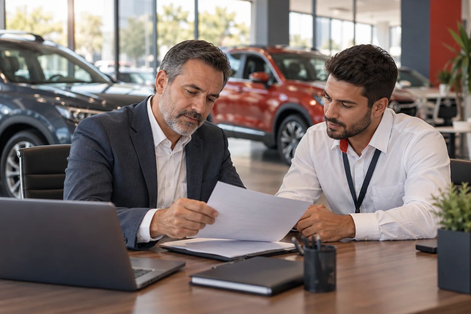 Gerente e vendedor conferindo uma proposta de venda de carro impressa, na mesa do escritório da loja.