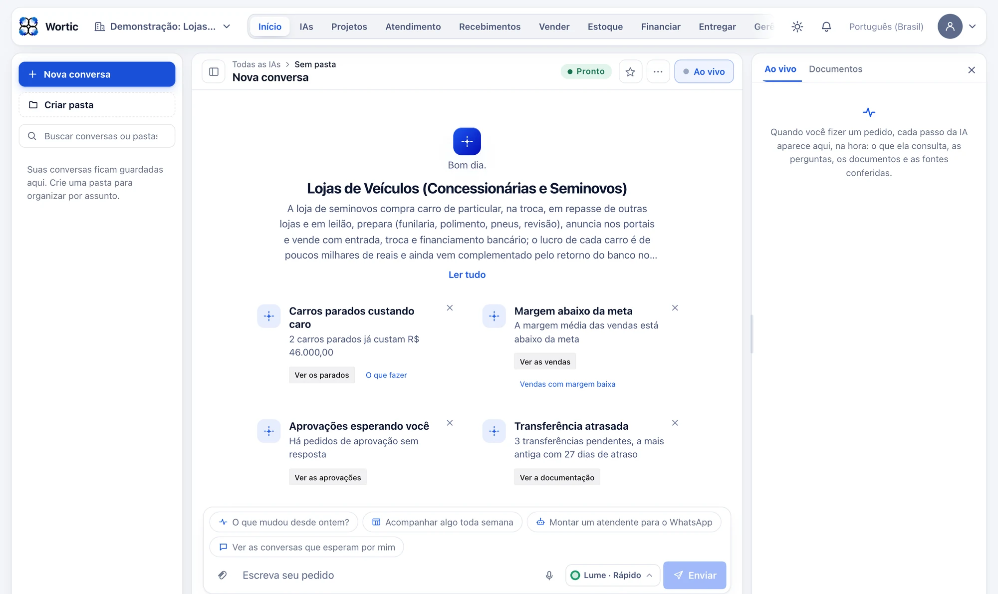 O sistema da loja de veículos aberto no computador: dois carros parados que já custam R$ 46.000, margem média abaixo da meta, aprovações esperando resposta e três transferências pendentes, a mais antiga com 27 dias de atraso.