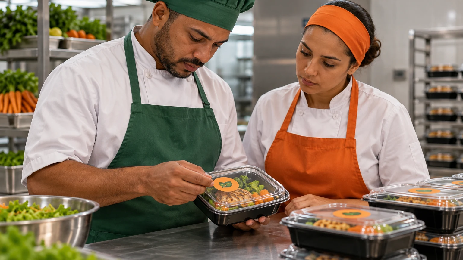 Cozinheiro lendo a etiqueta de restrição colada numa marmita, com outra pessoa conferindo a mesma marmita ao lado.