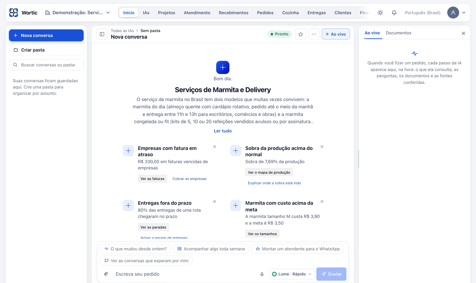 O sistema da marmitaria aberto no computador: empresas com fatura em atraso, sobra da produção acima do normal, entregas fora do prazo e marmita com custo acima da meta.