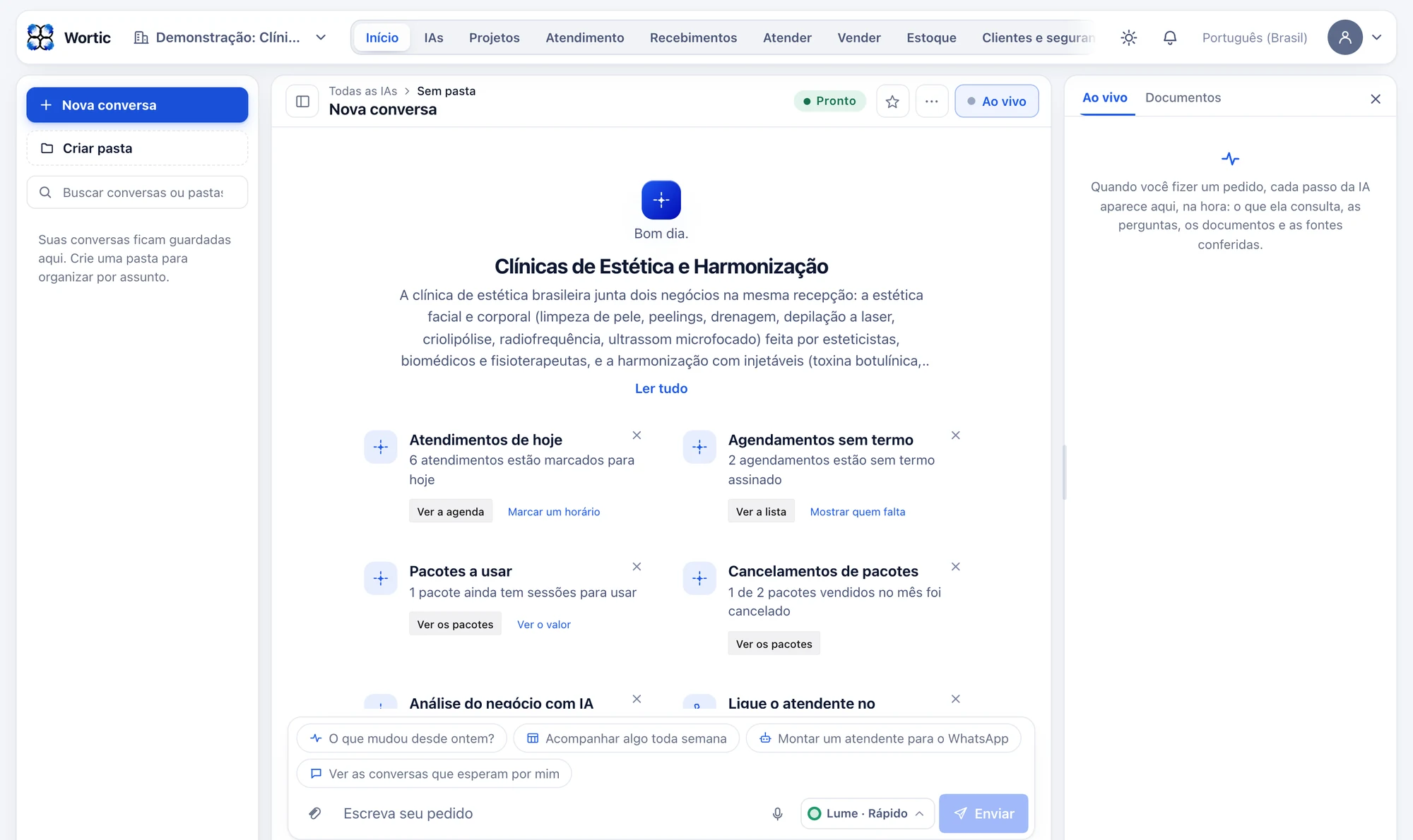 O sistema da clínica de estética aberto no computador: atendimentos de hoje, agendamentos sem termo assinado, pacotes com sessões a usar e cancelamentos de pacotes.