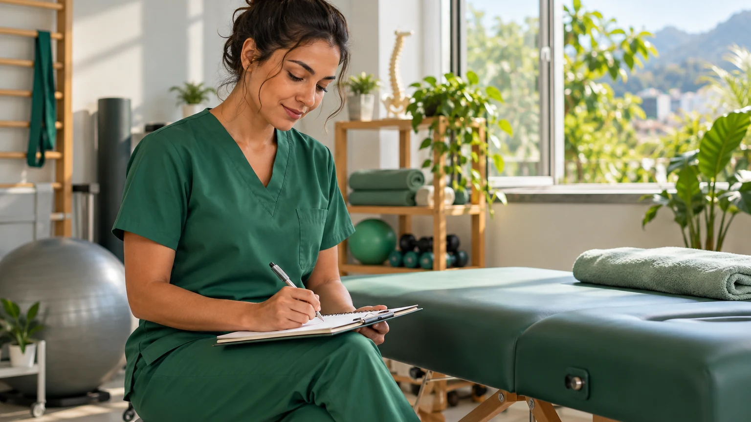 Fisioterapeuta escrevendo anotações num caderno ao lado de uma maca, na pausa entre dois atendimentos, com a janela aberta.