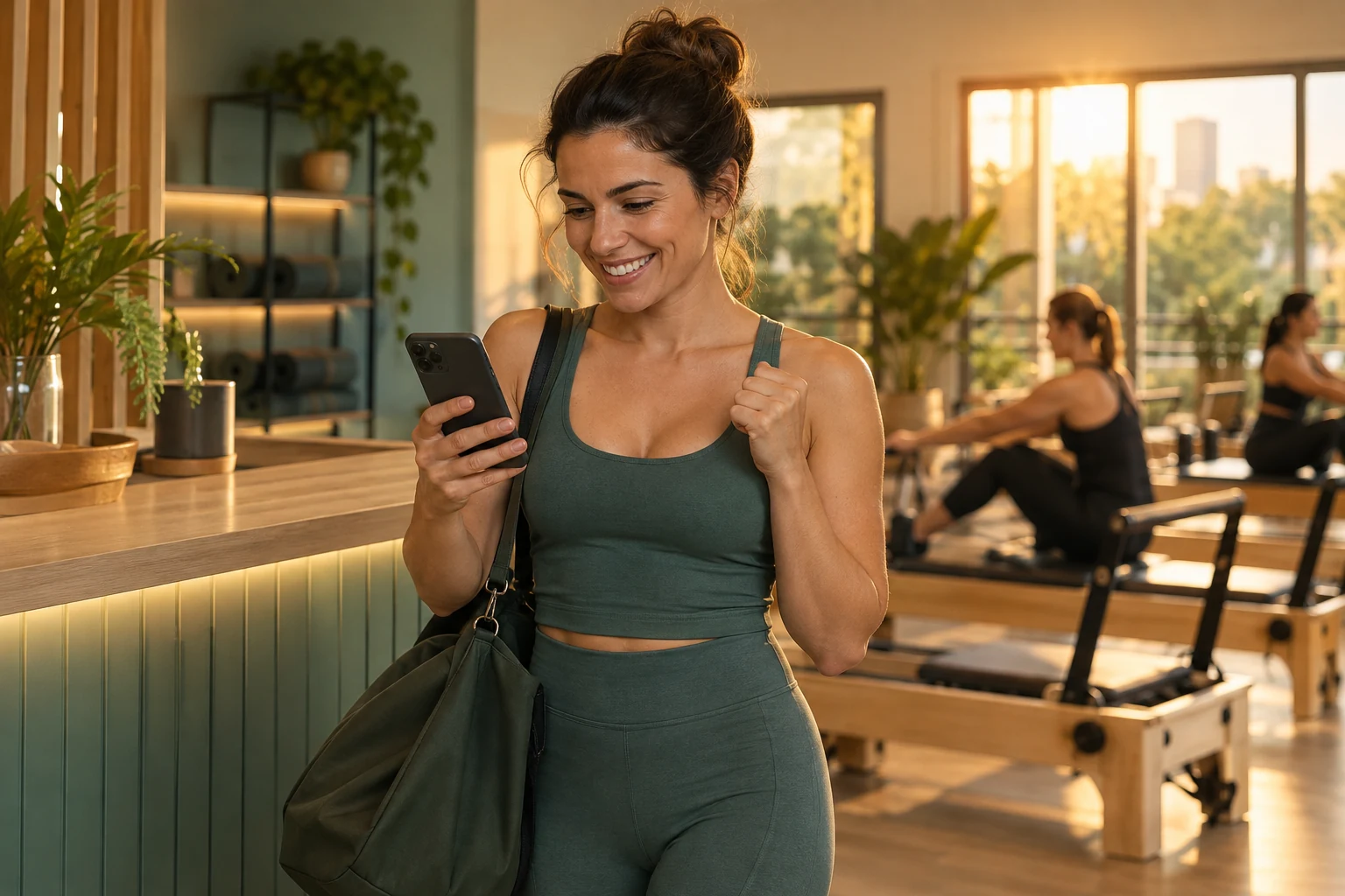 Aluna de pilates sorrindo com o celular na mão na recepção do estúdio, com o Reformer ao fundo.