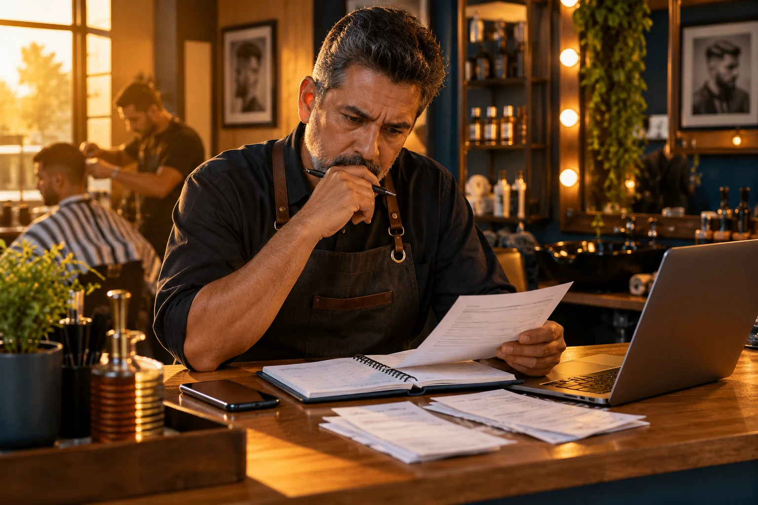 Dono de barbearia conferindo as contas do clube no balcão, com a agenda aberta e o celular ao lado.