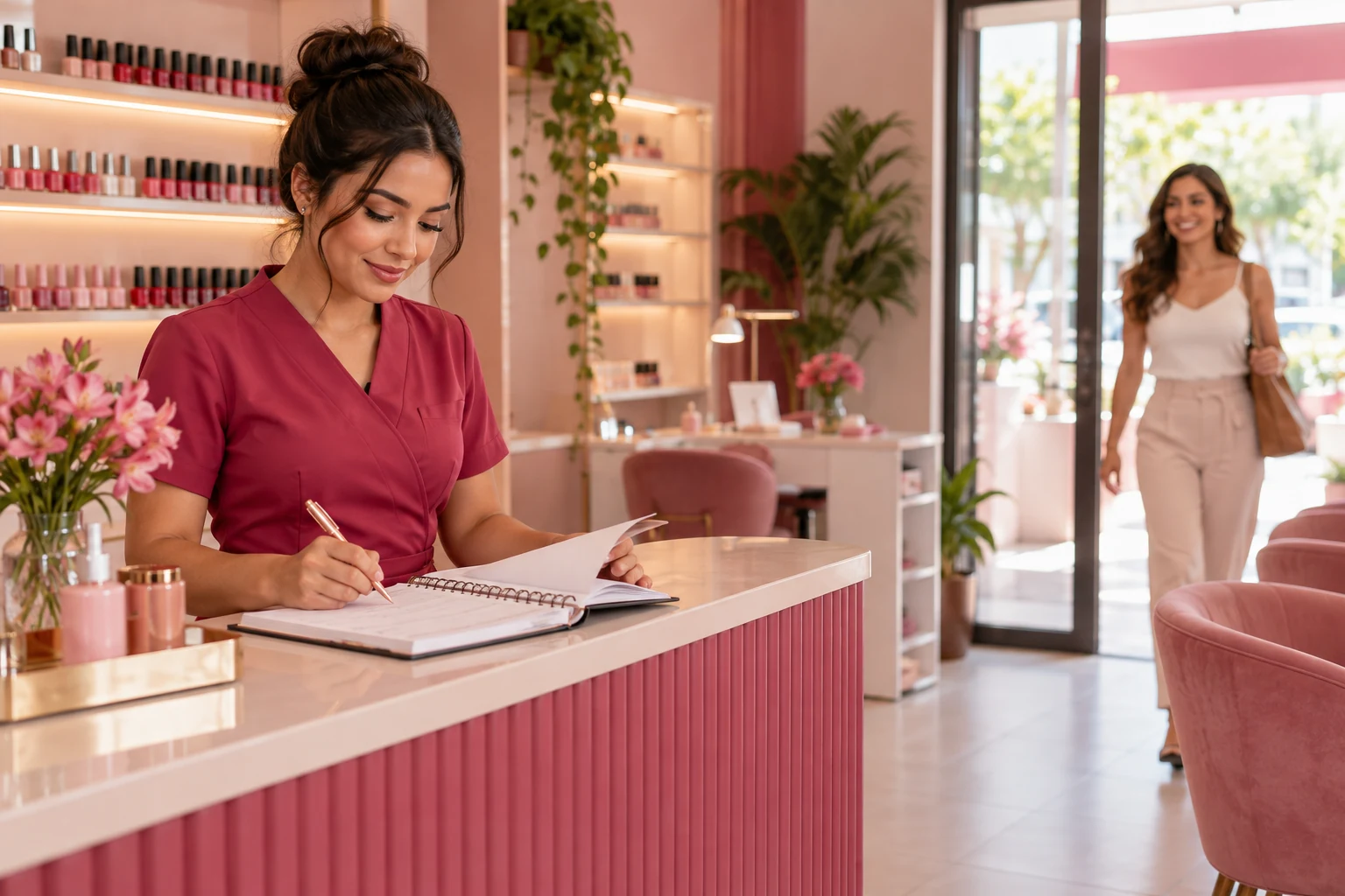 Recepcionista de esmalteria conferindo a agenda do dia no balcão, com uma cliente chegando pela porta ao fundo.