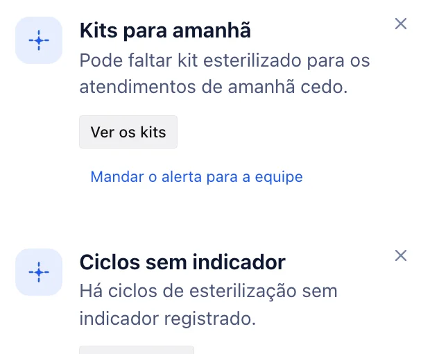 Os avisos de kits para amanhã e de ciclos de esterilização sem indicador, no celular.
