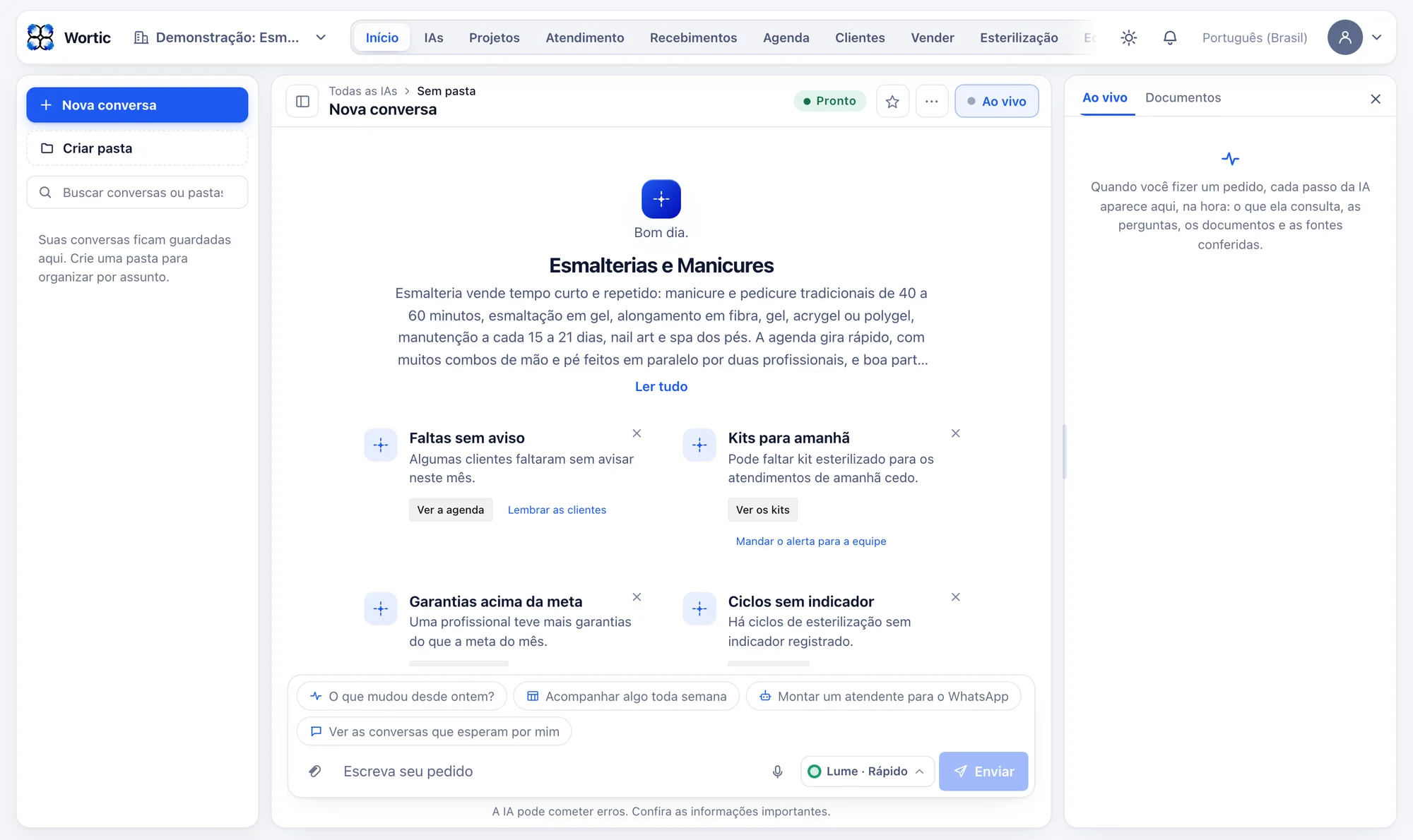 O sistema da esmalteria aberto no computador: avisos de faltas sem aviso, kits para amanhã, garantias acima da meta e ciclos sem indicador.