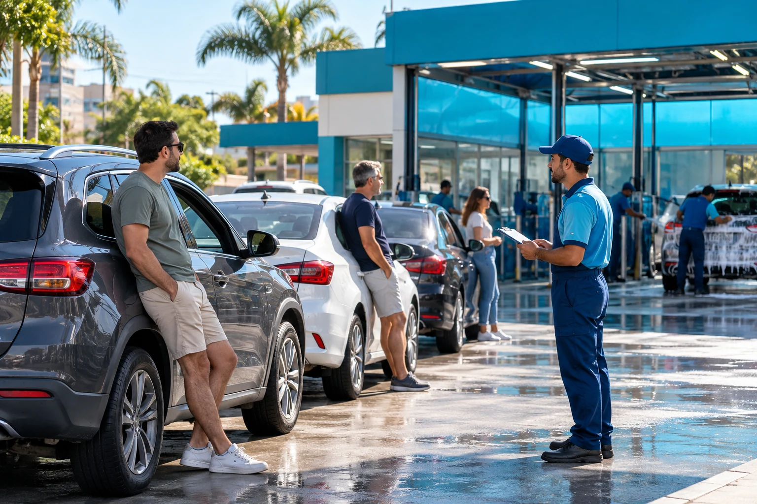 Fila de carros esperando na entrada de um lava-rápido numa manhã de sábado, com um atendente de uniforme conferindo a prancheta.