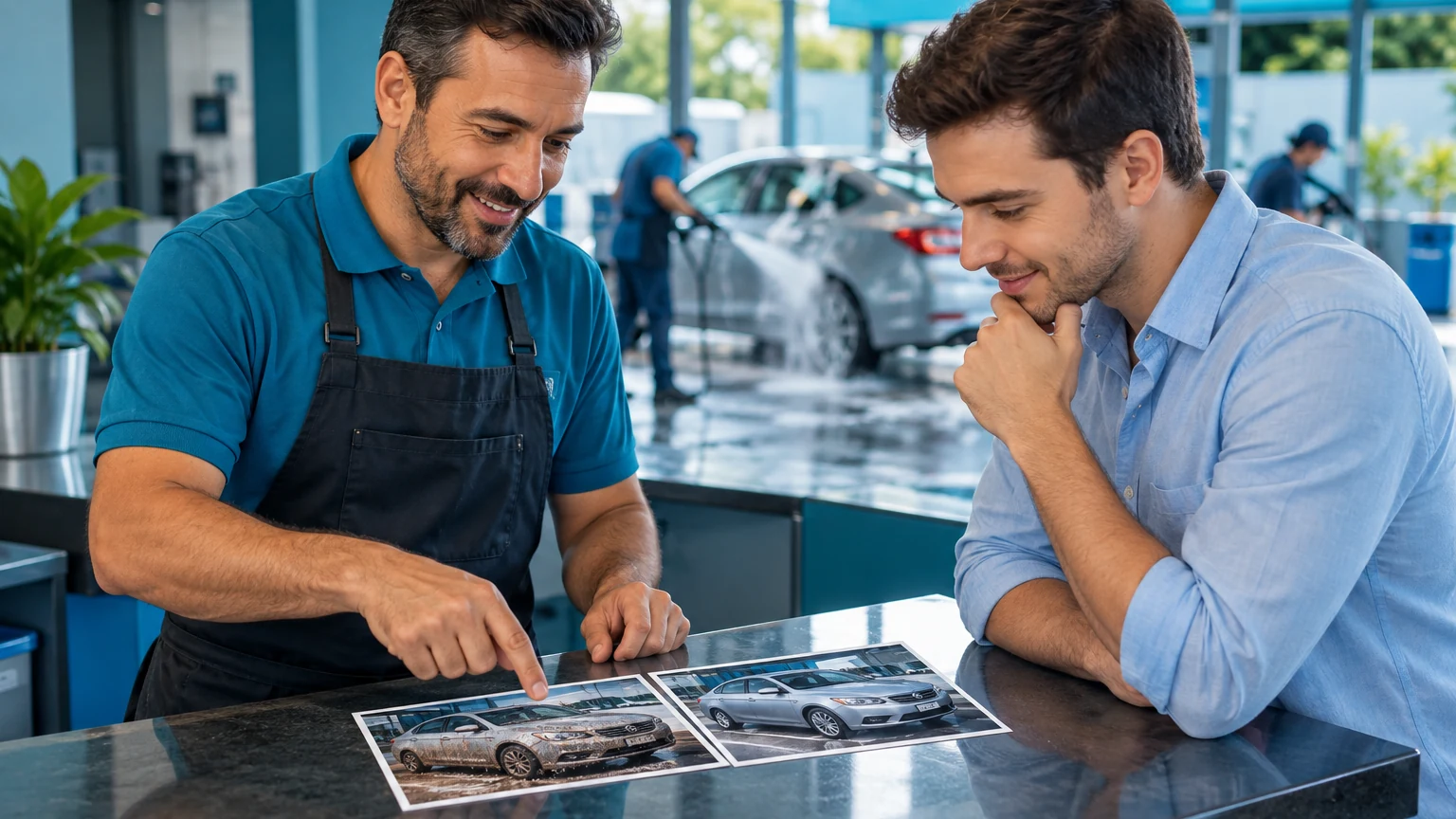 Gerente de lava-rápido e um cliente olhando, lado a lado sobre o balcão, duas fotos impressas do mesmo carro, uma da entrada e outra da saída.