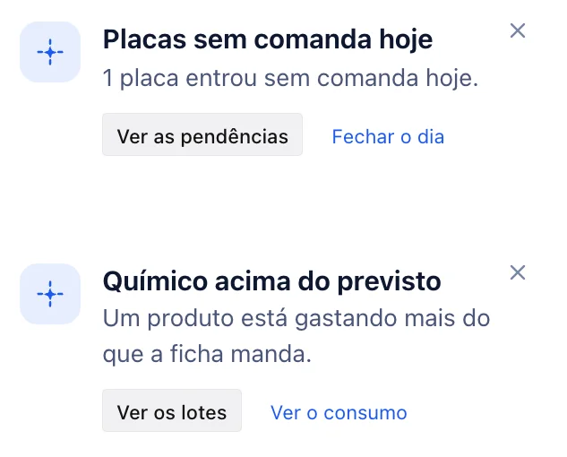 Os avisos de placas sem comanda e de químico acima do previsto, no celular.
