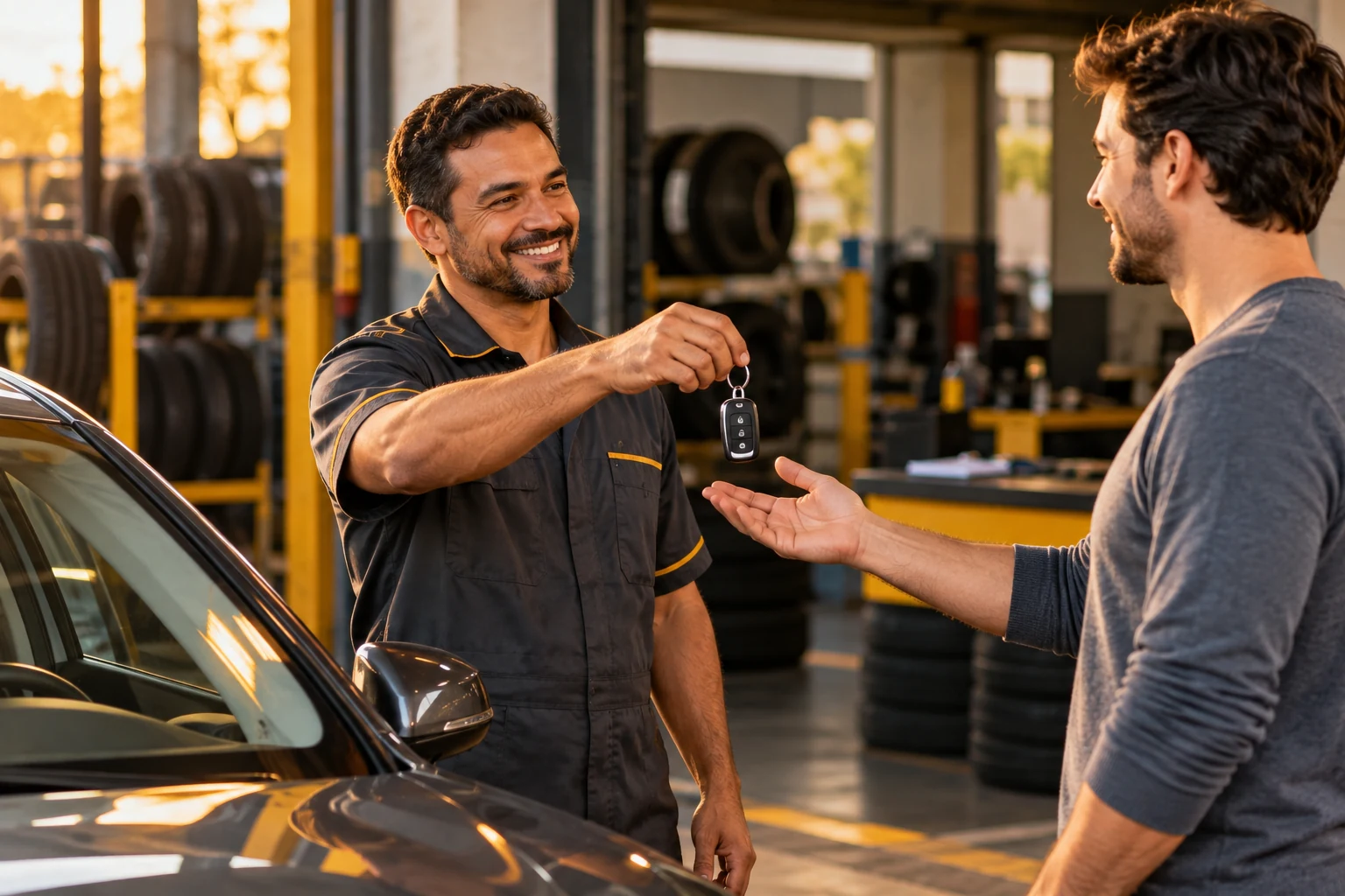 Borracheiro entregando a chave do carro a um cliente na borracharia, com pneus empilhados ao fundo.
