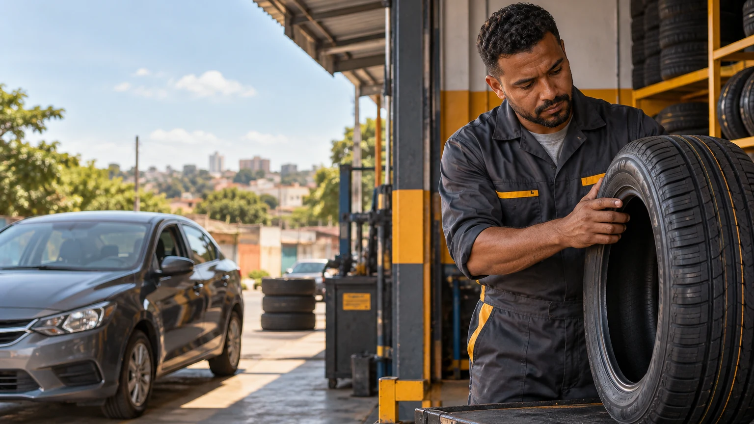Borracheiro de macacão conferindo um pneu novo no balcão de uma borracharia de bairro, com o carro do cliente estacionado na frente.