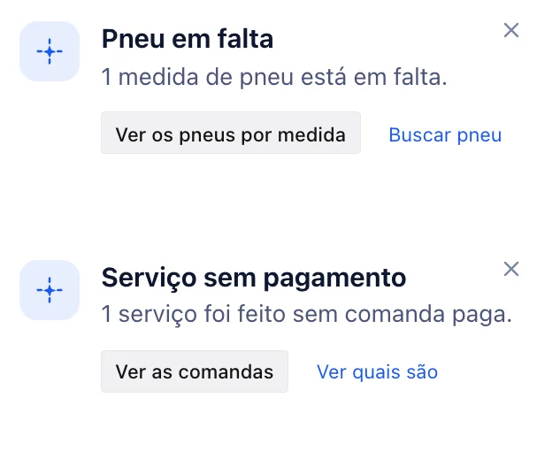 Os avisos de pneu em falta e de serviço sem pagamento, no celular.