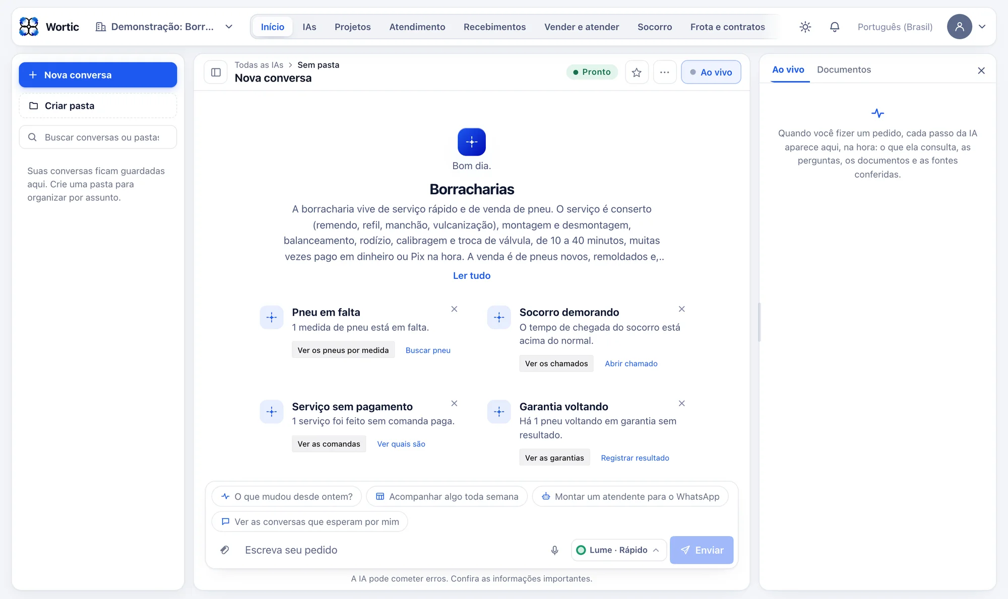 O sistema da borracharia aberto no computador: avisos de pneu em falta, socorro demorando, serviço sem pagamento e garantia voltando.