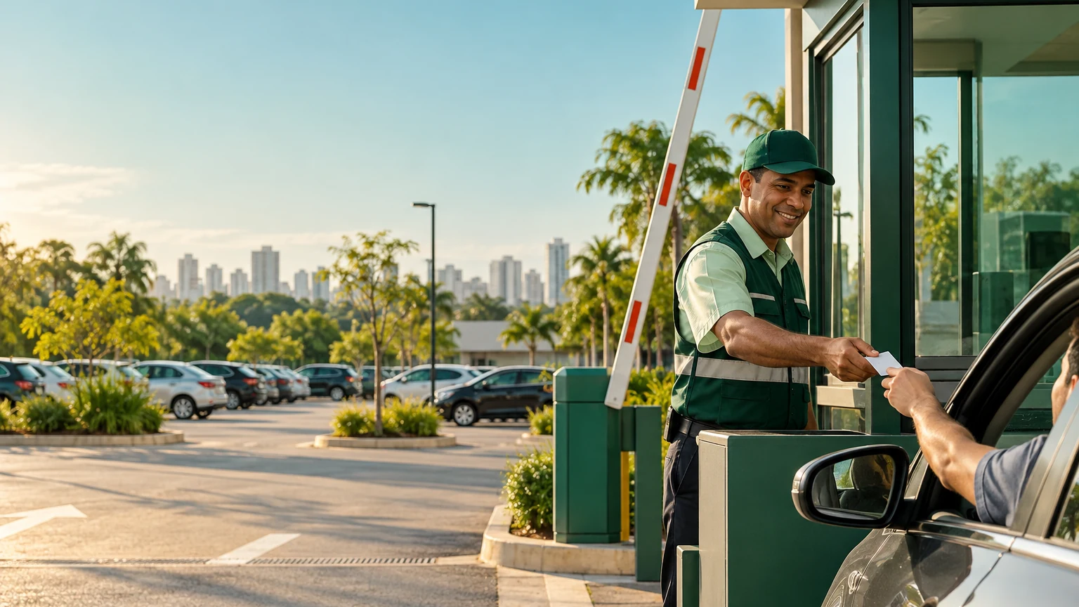 Operador de guarita de estacionamento entregando o ticket a um motorista, com a cancela levantada e o pátio ao fundo.
