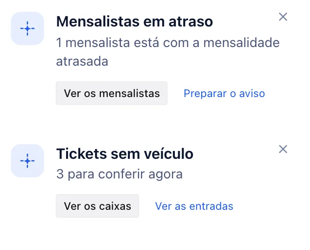 Avisos de pátio cheio e de saídas sem pagamento no sistema do estacionamento, com os botões para ver as vagas e as entradas.