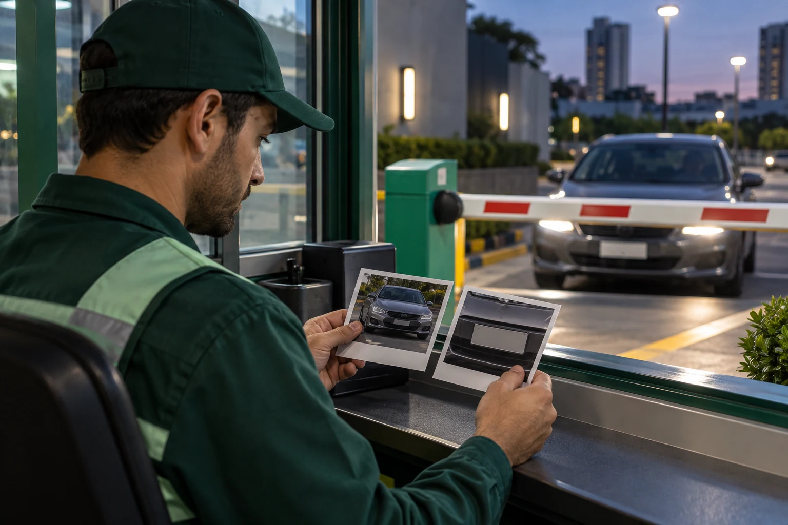 Operador de estacionamento olhando, na cabine, duas fotos do mesmo carro, uma do ticket e outra da placa na cancela.