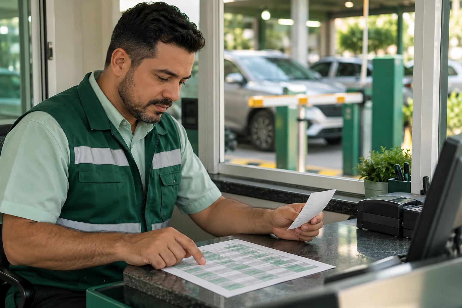 Atendente de estacionamento conferindo, sobre o balcão da guarita, a tabela de preços impressa ao lado de um ticket de papel.