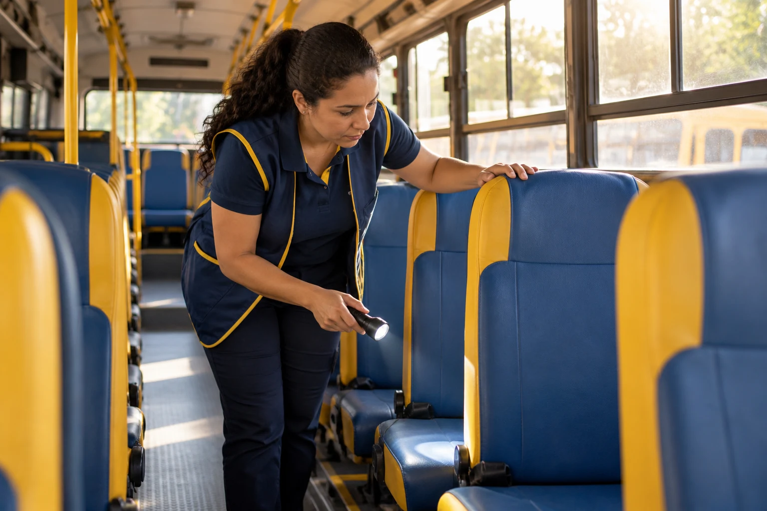 Monitora adulta conferindo os bancos de um ônibus escolar vazio, no fim da volta, com a manhã clara pelas janelas.