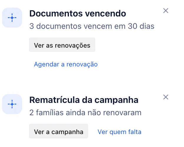 Avisos de documentos vencendo em 30 dias e de famílias que ainda não renovaram, no sistema do transporte escolar.