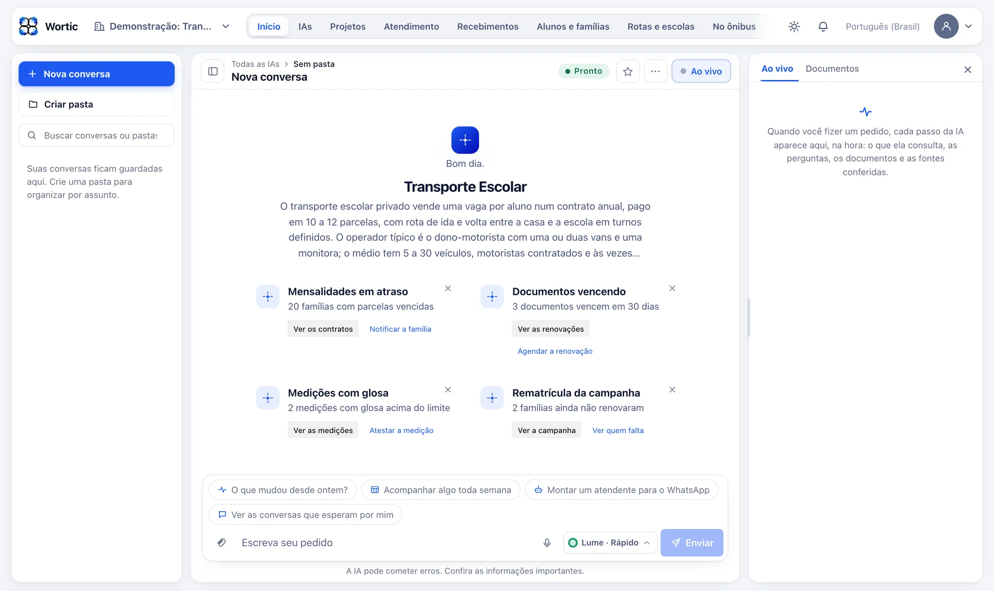 O sistema do transporte escolar aberto no computador: avisos de mensalidades em atraso, documentos vencendo, medições com glosa e rematrícula da campanha, cada um com o botão para resolver.