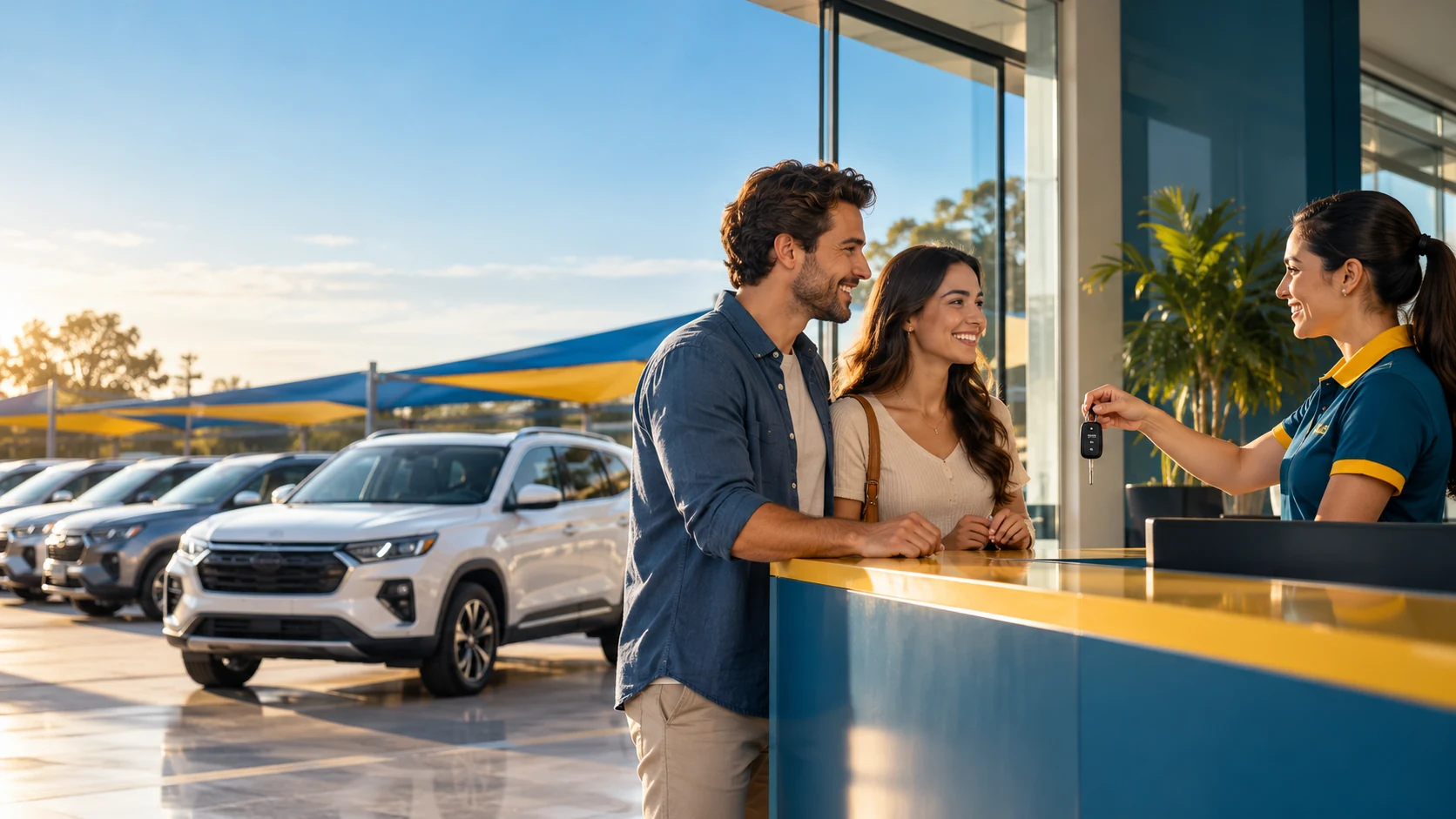 Atendente de locadora entregando a chave de um SUV branco a um casal no balcão, com o pátio e os carros ao fundo.