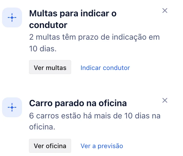 Avisos de multas com prazo de indicação em 10 dias e de carros há mais de 10 dias na oficina, no sistema da locadora.