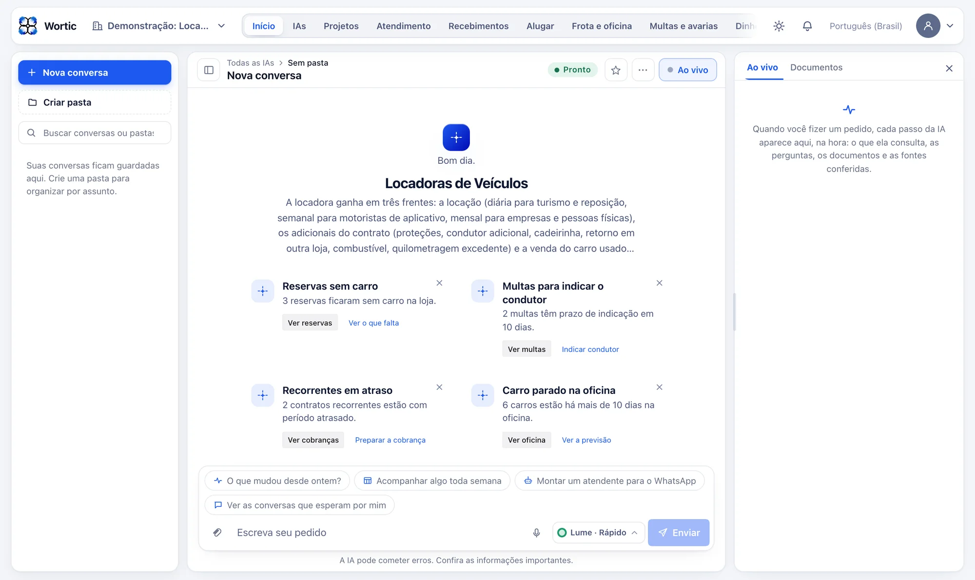 O sistema da locadora aberto no computador: avisos de reservas sem carro, multas para indicar o condutor, contratos recorrentes em atraso e carros parados na oficina, cada um com o botão para resolver.