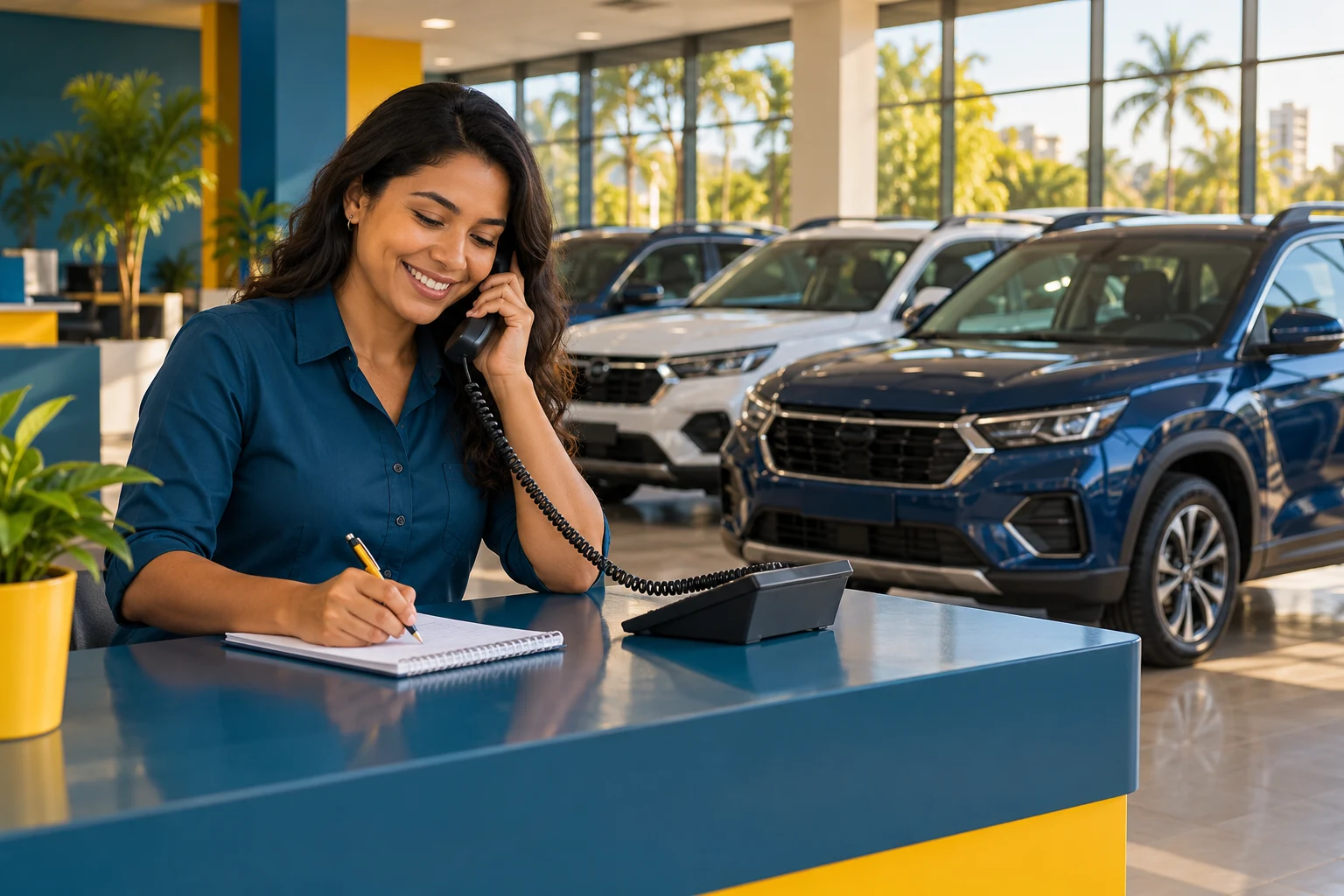 Atendente de locadora falando ao telefone e anotando uma reserva, com a frota de SUVs estacionada atrás do balcão.