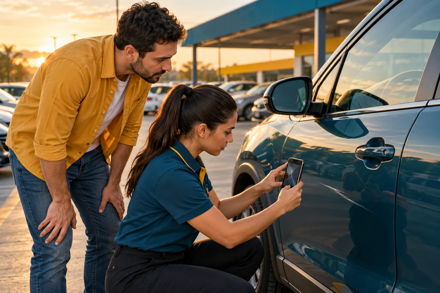 Atendente de locadora fotografando com o celular um risco na porta de um carro, com o cliente ao lado, no pátio.