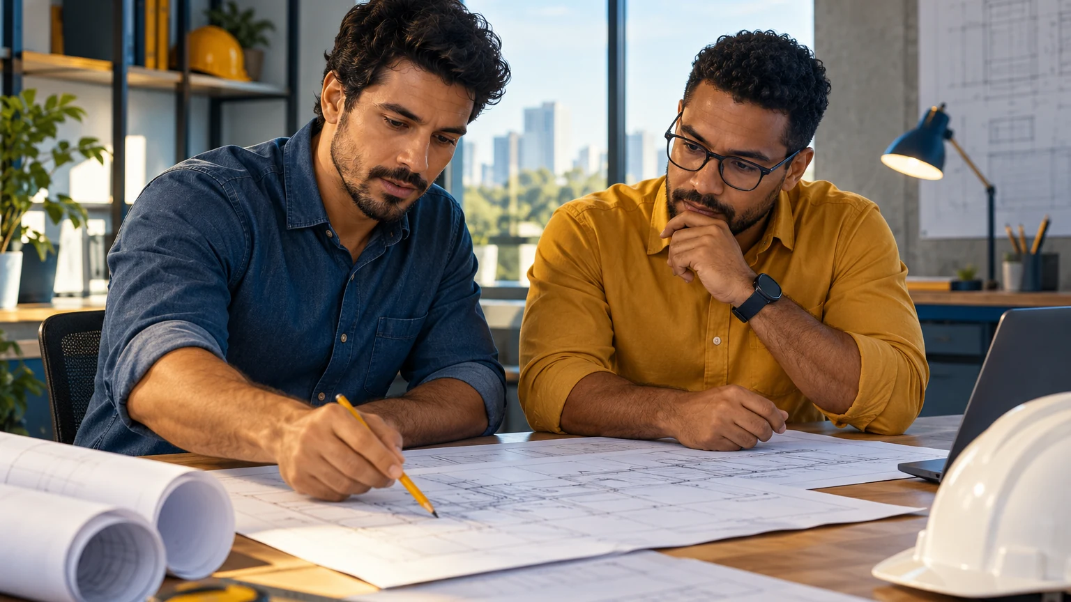 Dois engenheiros sentados lado a lado numa sala de projetos, conferindo juntos as revisões de um documento técnico impresso na mesa.