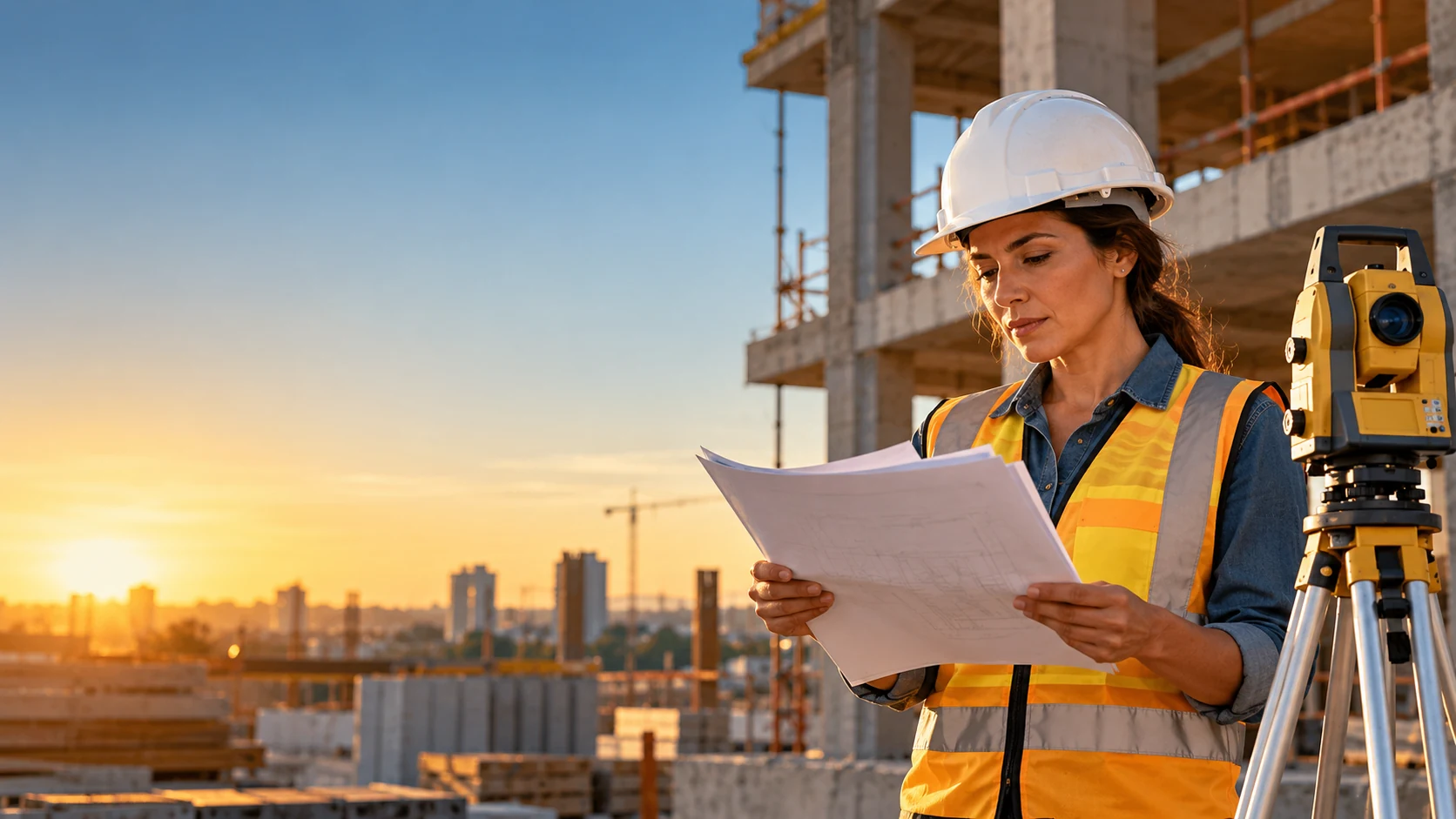 Engenheira brasileira de capacete conferindo um laudo impresso ao lado de um instrumento de medição, numa obra com estrutura de concreto ao fundo.