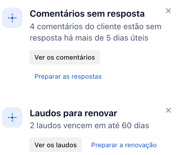 Avisos de comentários do cliente sem resposta e de laudos que vencem em até 60 dias, no sistema do escritório de engenharia.