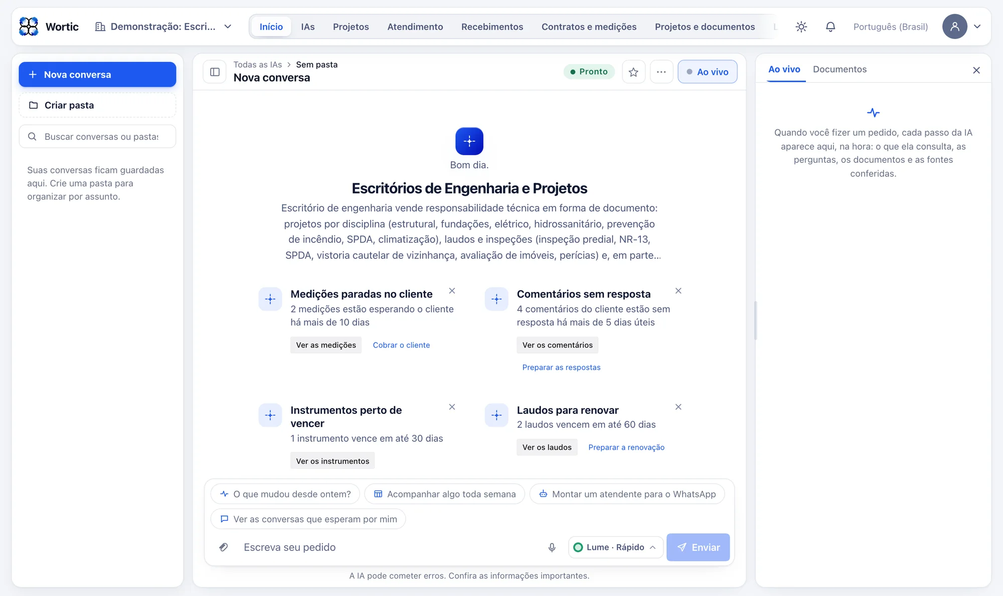 O sistema do escritório de engenharia aberto no computador: avisos de medições paradas no cliente, comentários sem resposta, instrumentos perto de vencer e laudos para renovar, cada um com o botão para resolver.