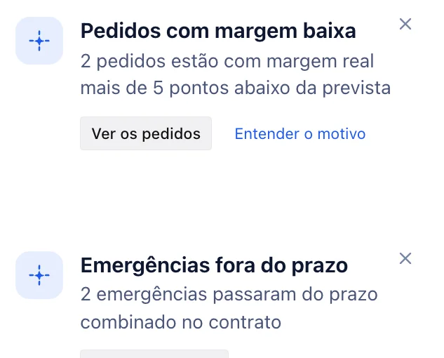 Os avisos de pedidos com margem baixa e de emergências fora do prazo, no celular.