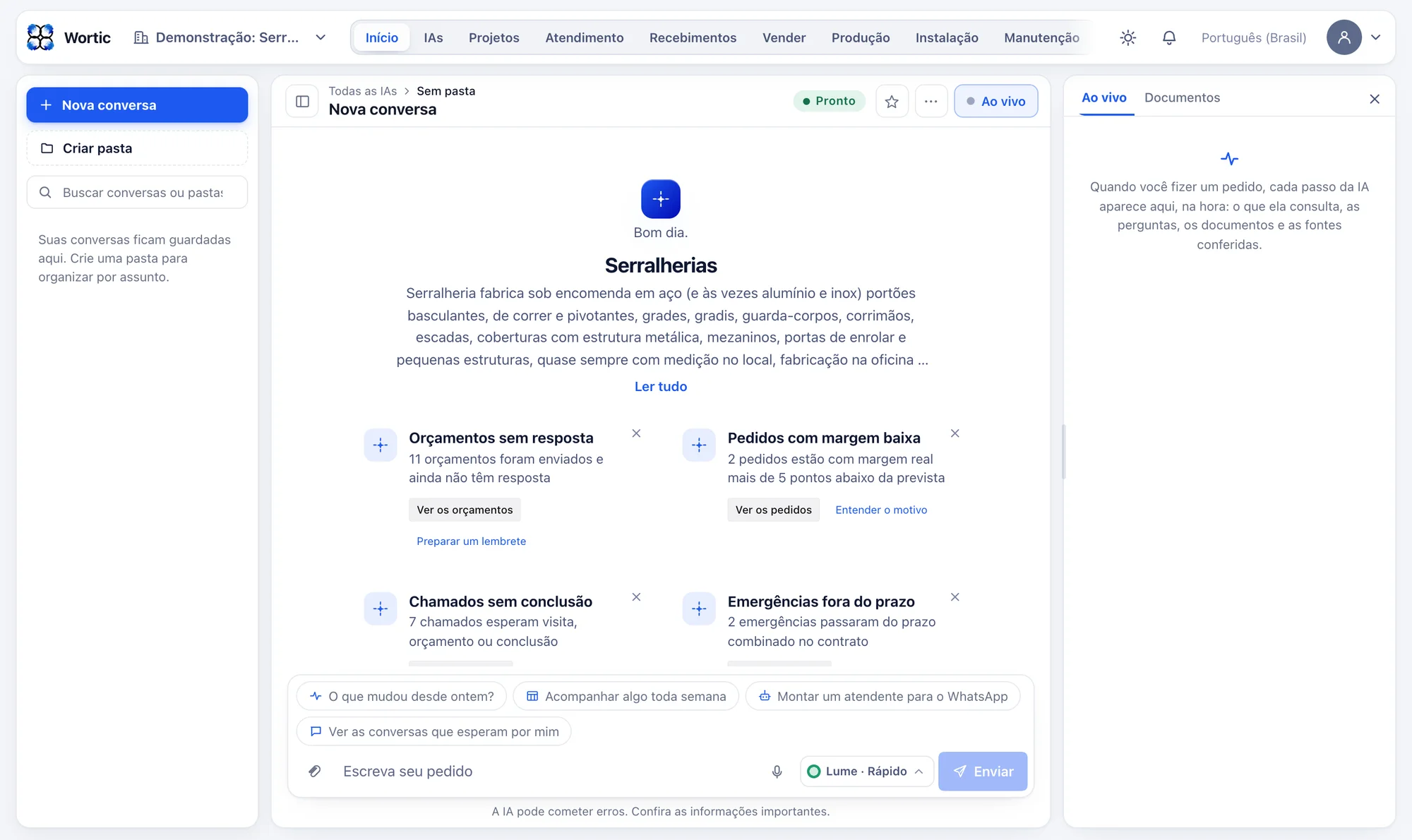 O sistema da serralheria aberto no computador: avisos de orçamentos sem resposta, pedidos com margem baixa, chamados sem conclusão e emergências fora do prazo, cada um com o botão para resolver.