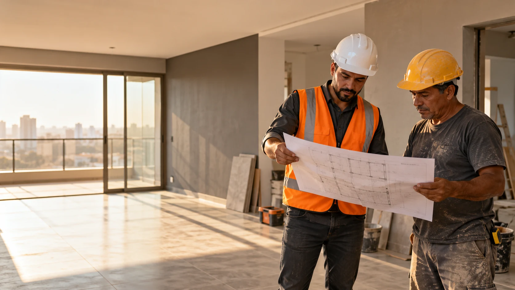 Encarregado de obra conferindo a planta de uma reforma de apartamento com o pedreiro, num cômodo com piso novo.
