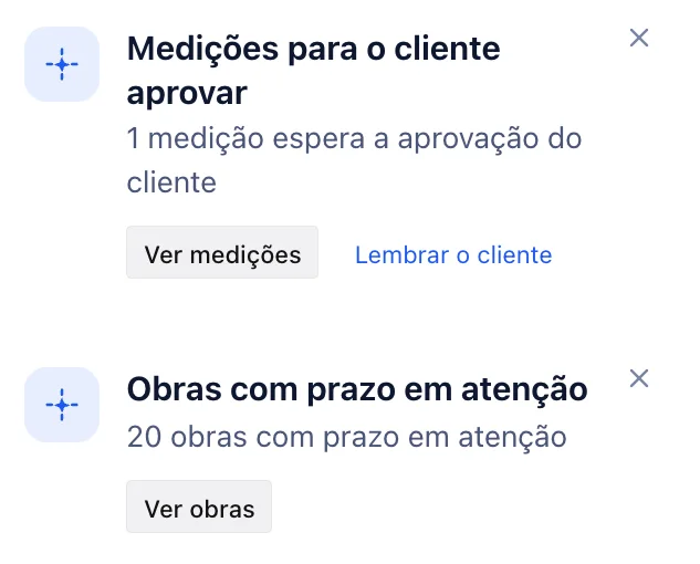 Os avisos de medição esperando o cliente e de obras com prazo em atenção, no celular.
