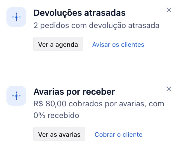 Os avisos de devoluções atrasadas e de avarias por receber, no celular.