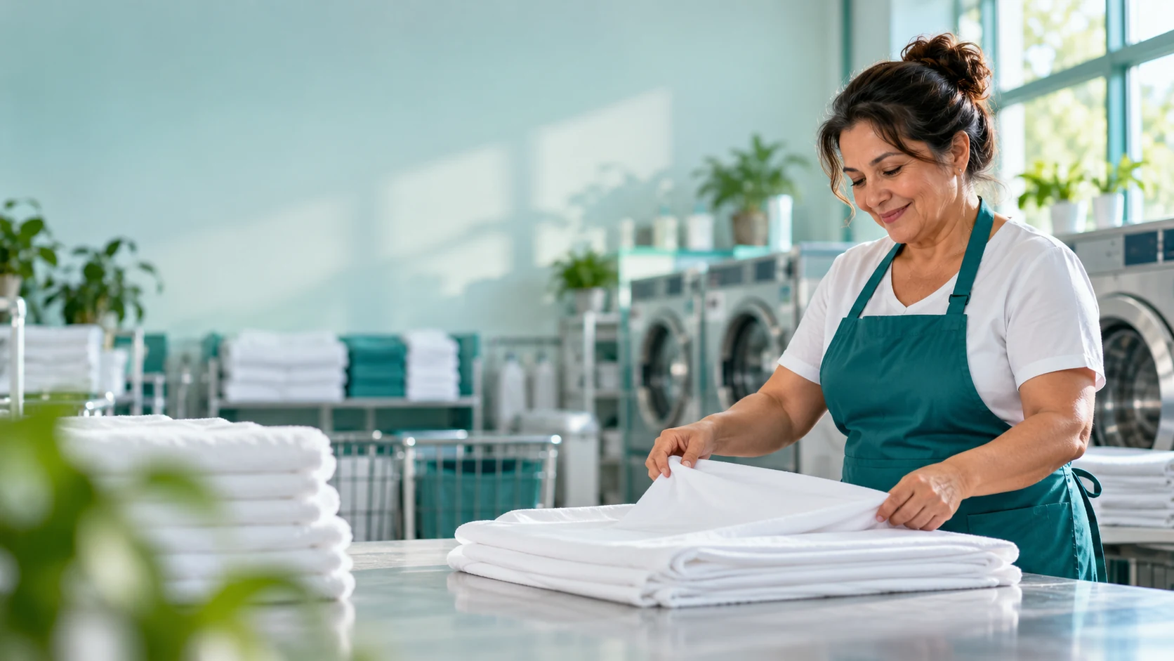 Dona de uma lavanderia dobrando lençóis brancos numa mesa de trabalho, com as máquinas industriais ao fundo.