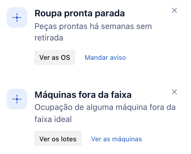 Os avisos de roupa pronta parada e de máquinas fora da faixa, no celular.